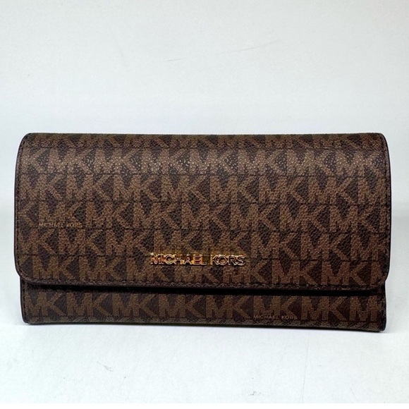 Michael Kors Large Jet Set Travel Trifold Wallet Brown Signature - Picture 3 of 8